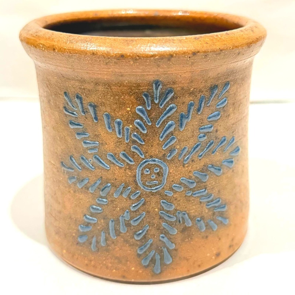 Greenfield Village Stoneware Crock Salt Glaze Blue Snowflake Sun Face Signed